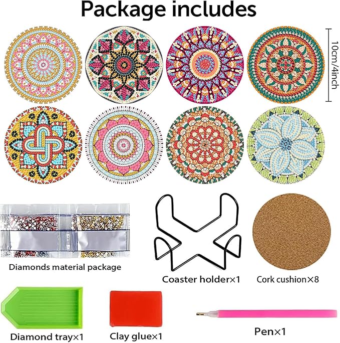 Benjenes 8 PCS Mandala Diamond Art Coasters Kits | Diamond Paintings Coasters