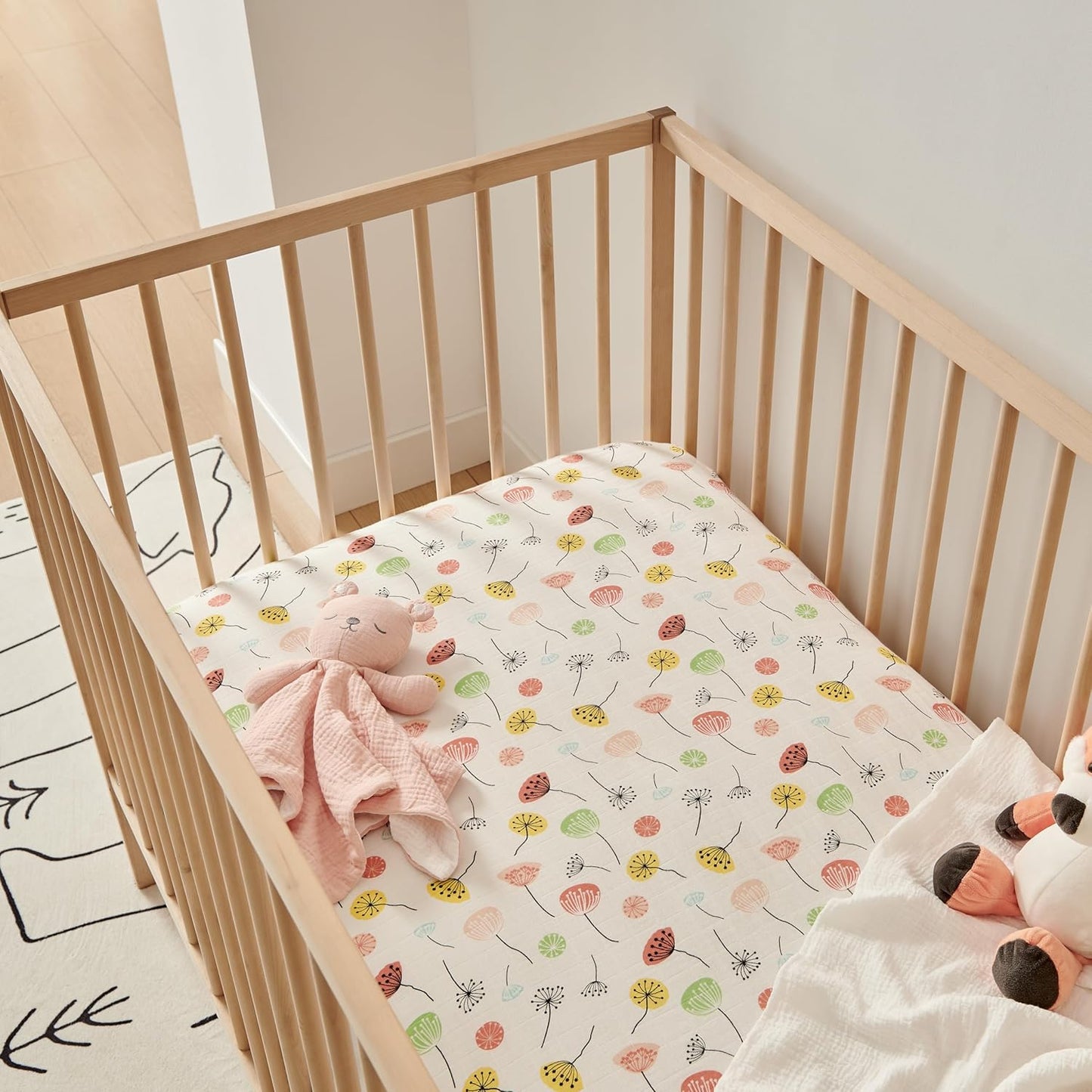 Margaux & May Organic Muslin Cotton Baby Crib Sheet, Dandelion Print, Fitted, Breathable, Toddler Bedding, 52 x 28, Deep Pocket, Organic Crib Sheets for Cozy Sleep
