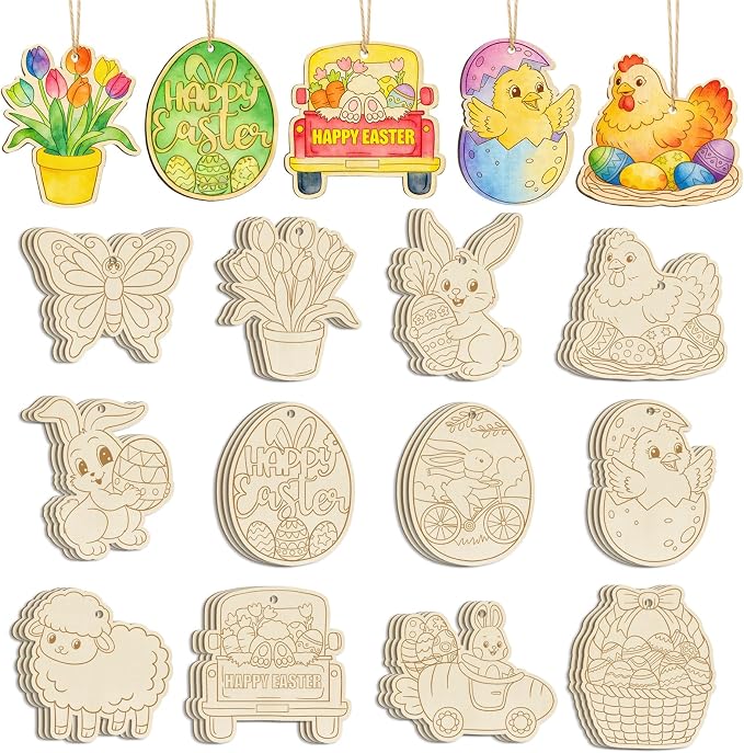 36PCS Wooden Easter Ornaments to Paint, 6 Styles DIY Blank Unfinished Wood Egg