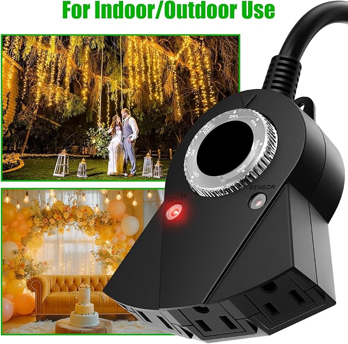 Outdoor Light Sensor Timer, 24 Hours Heavy Duty Waterproof Outlet Timer with 2, 4, 6 or 8 Hours Countdown Mode, 3 Grounded Electrical Outlet for Home Backyard Garden (2 Pack)