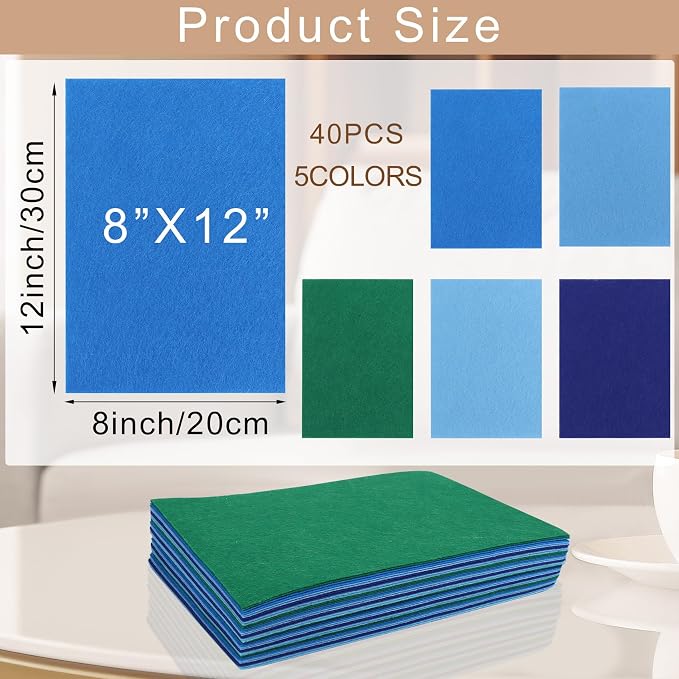 40 Pcs Stiff Felt Fabric Sheet for Crafts, 1mm Thick and 8”x12”Blue Series Felt