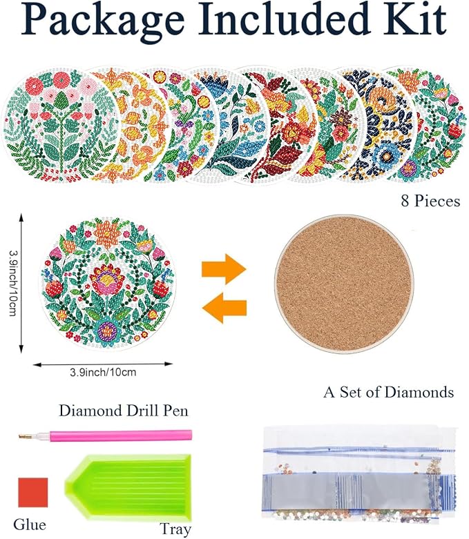 8PCS Flowers Diamond Art Coasters Kits, Diamond Painting Coasters