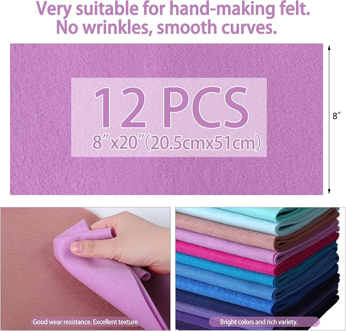 HaoFeiJH 12 Rolls 8"x20" 1.6mm Thick Soft Felt Fabric Sheets – 12 Assorted