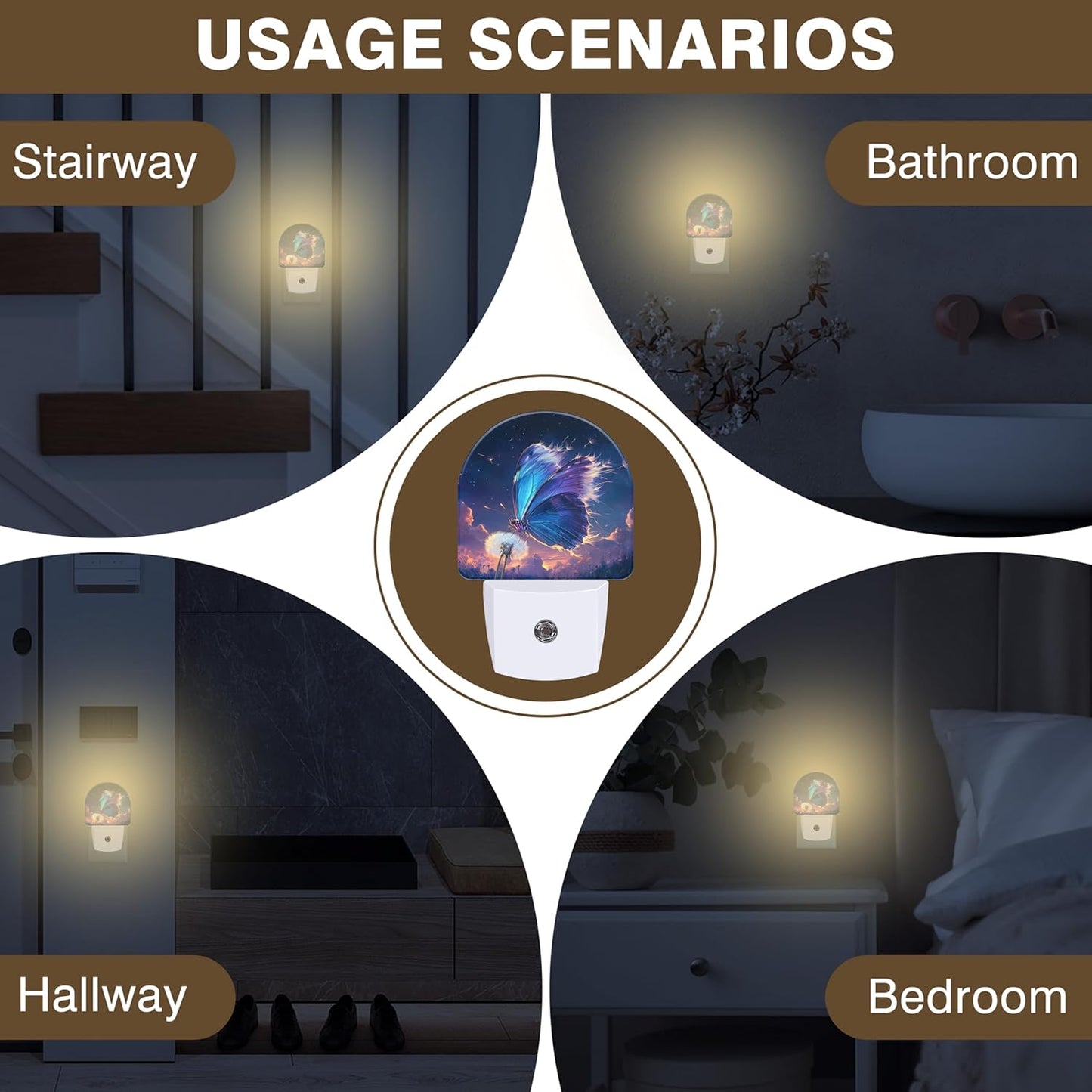 Night Light, Blue Butterfly on Dandelion Flower Night Lights Plug into Wall Dusk to Dawn Sensor Round Nightlight for Women Men Energy Efficient Led Lamp 0.5W for Stairway Hallway Bedroom