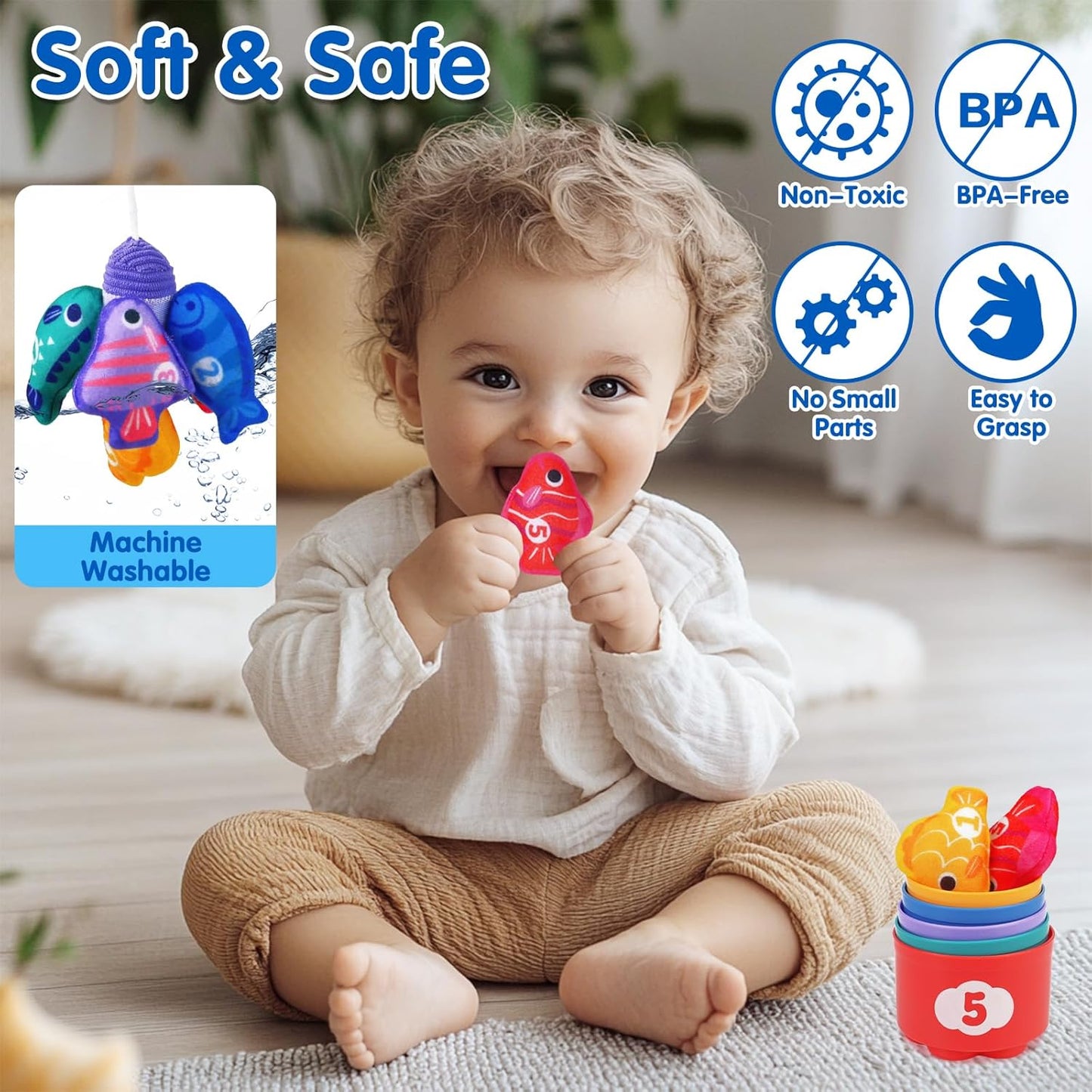 Montessori Toys for 1 Year Old - Cloth Fishing Game with Stacking Cups Toddler Toys for One Year Old Boy Girl First Birthday Gift - Sorting Learning Baby Toy 12-18 Months 1 2 Year Old