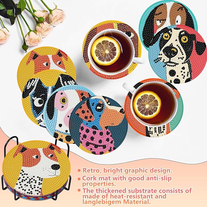 Benjenes 8 PCS Diamond Art Coasters Kits Dog Diamond Painting Coaster | Diamond