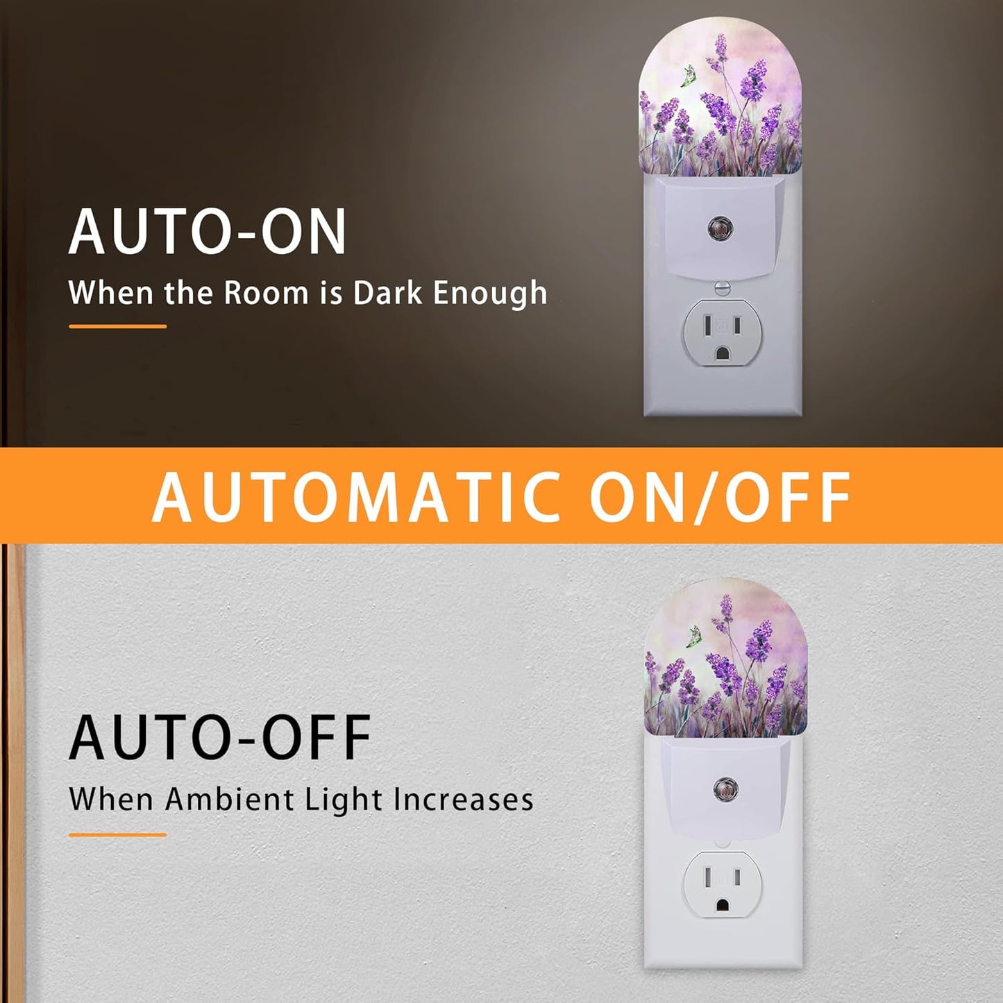 Lavander Flower Butterfly Night Light,Night Lights Plug into Wall with Dusk to Dawn Sensor,Lamp for Bedroom Bathroom Hallway Nightlight for Women Girls