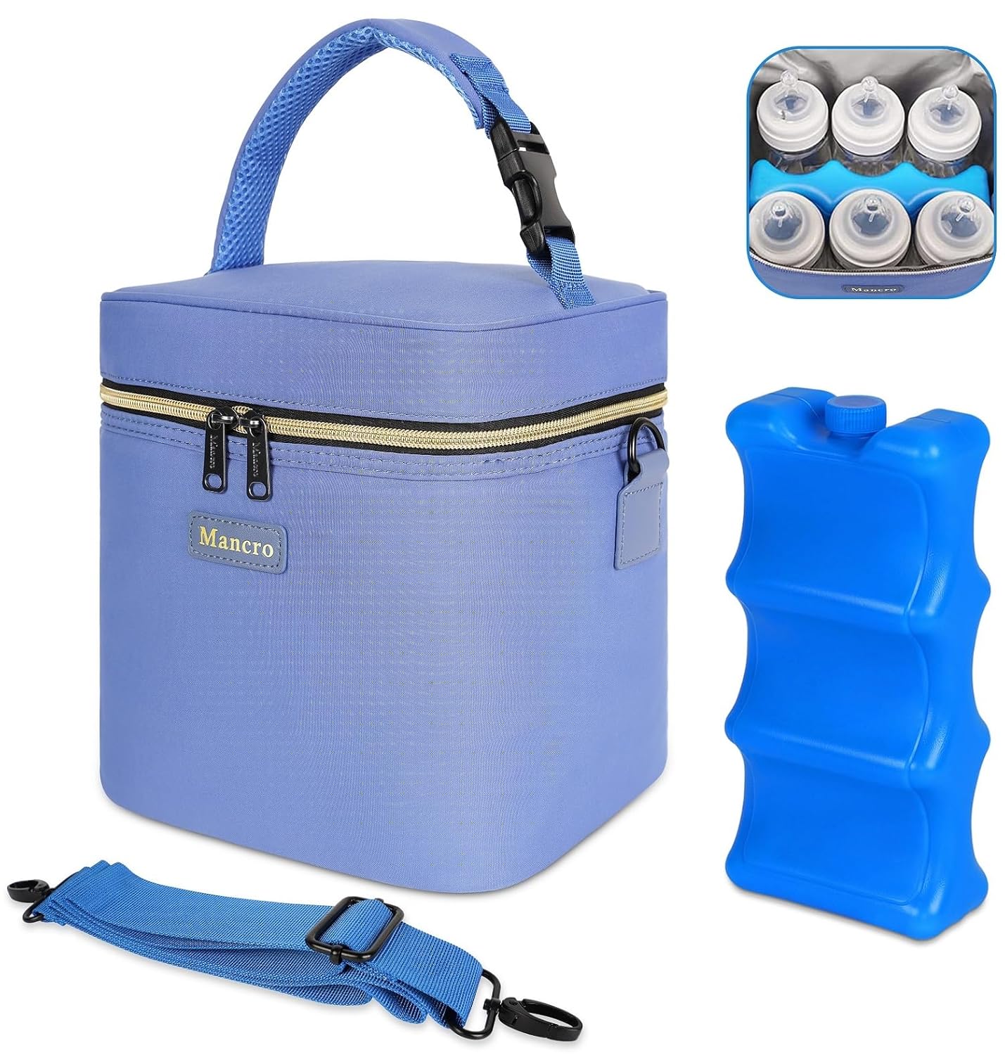 Mancro Breastmilk Cooler Bag with Ice Pack Fits 6 Baby Bottles Up to 9 Ounce, Insulated Baby Bottle Bag with Strap for Nursing Mom Daycare, Blue