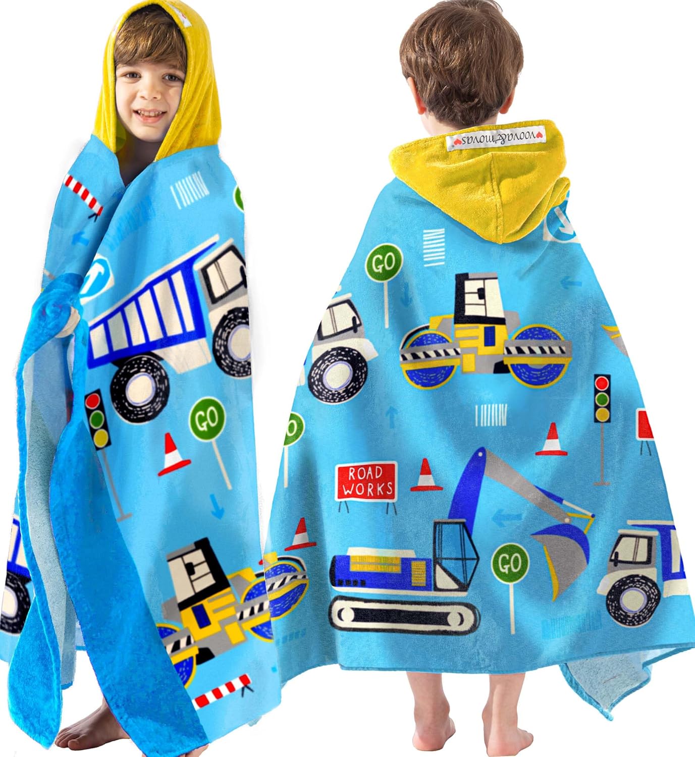 VOOVA & MOVAS Kids Towels Age 3-10, 30''X50, Soft | Thick | 100% Cotton, Large Absorbent Beach, Bath, Pool, Swim Towels | Cover up for Boys | Excavator Vehicle