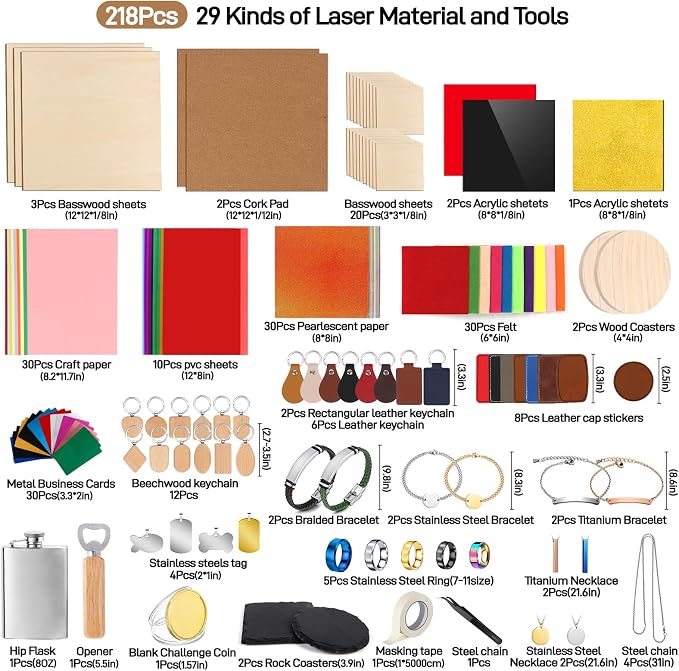 Adrattnay Laser Material Explore Kit, 29 Kinds Materials Includes Basswood