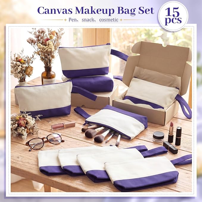 Silkfly 15 Pcs Cotton Canvas Makeup Bags Cosmetic Zipper Bags 10.2 x 5.5 x 2''