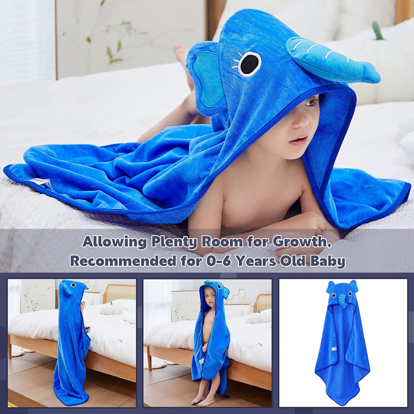MICHLEY Baby Boy Girl Animal Hooded Bath Towel, Soft Cotton Beach Swimming Washcloth for 0-6T, Elephant