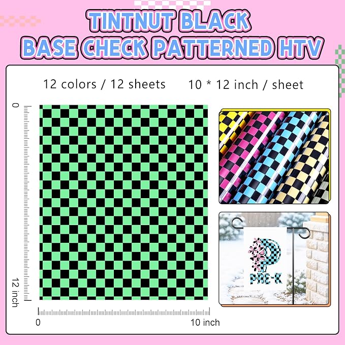 Tintnut Black Base Checkerboard Heat Transfer Vinyl, Checker pattern PU HTV
