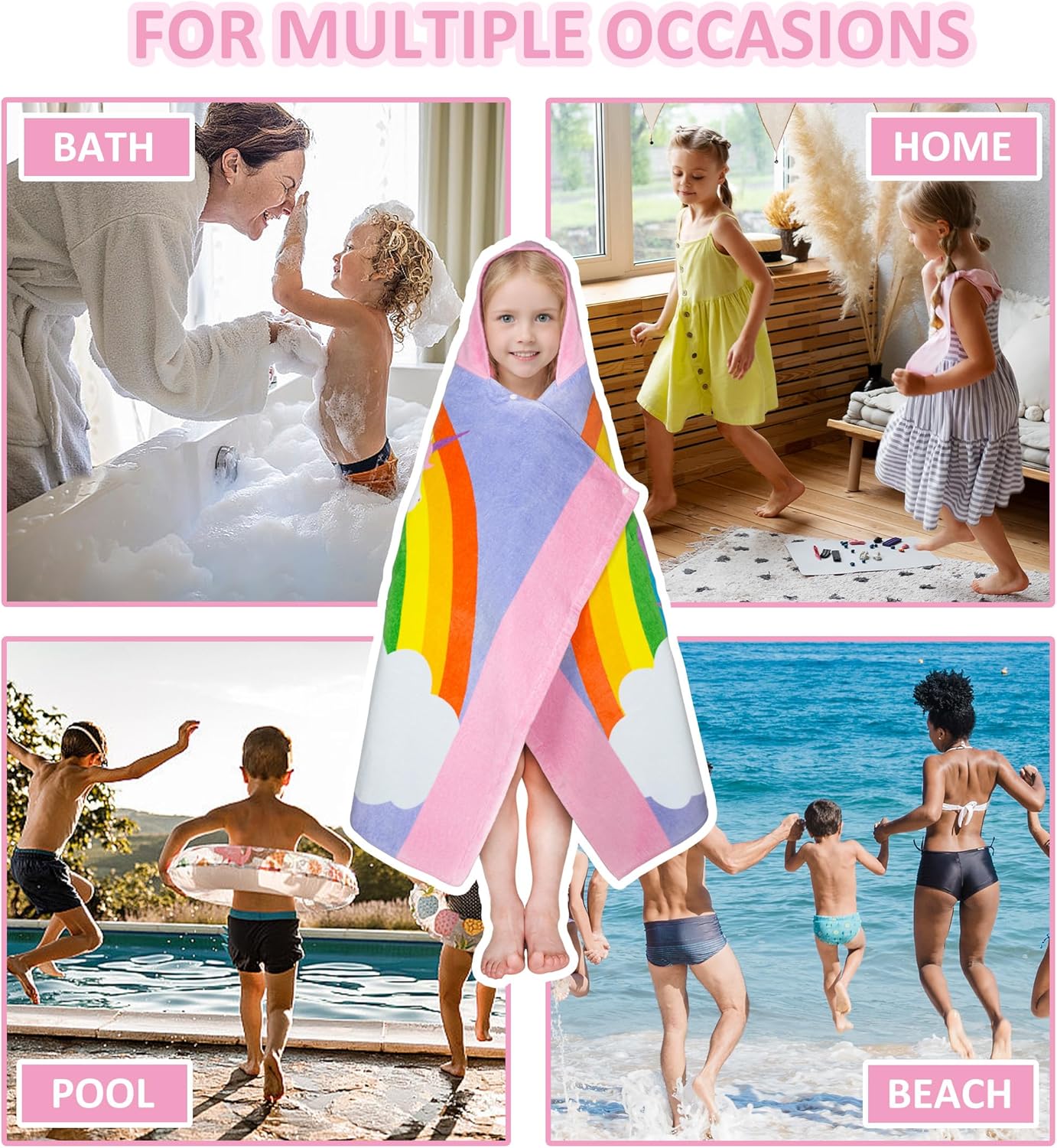 Kids Hooded Bath Towel-Soft Thick 100% Cotton Hooded Beach Towel for Kids 3-10 Years,Absorbent Fast-Drying Cute Toddler Bath & Swim Towel,for Boys & Girls,30"x50"(rainbowunicorn Pink)