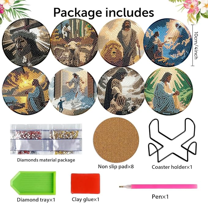 8 Pack Diamond Art Coasters, Jesus Christ Diamond Painting Coasters Kits |
