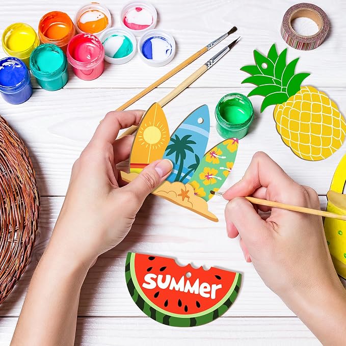 36PCS Wooden Summer Ornaments to Paint, 12 Styles DIY Blank Unfinished Wood