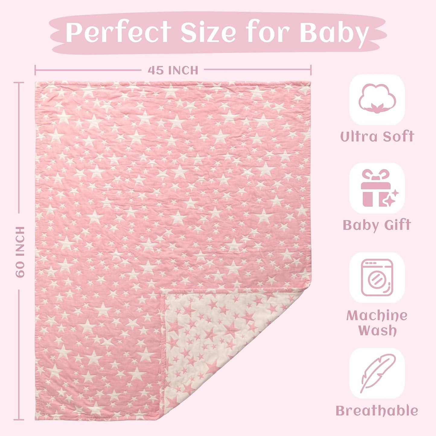 NTBAY 3 Layer Oversized Muslin Cotton Toddler Blanket, 45x60 Inches Jacquard Reversible Nursery Bed Blanket, Super Soft and Thermal Crib Blanket for All Seasons, Baby Gift, 45"x60", Pink/White Star