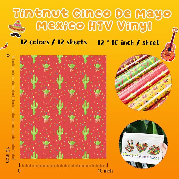 Tintnut Colorful Mexican Heat Transfer Vinyl, easy cut & weed, stretch washable