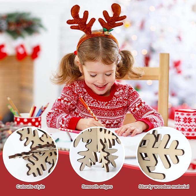 COCHIE DIY 3D Snowflake Wood Crafts to Paint, Paintable Unfinished Wooden Slices