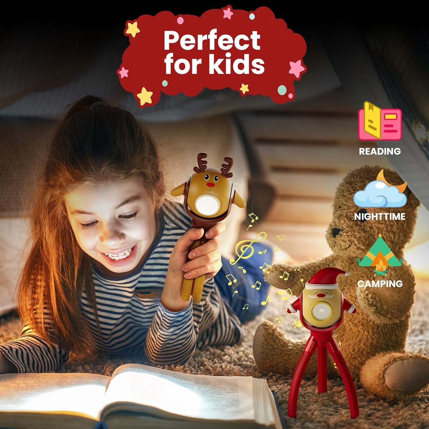TOLYS Reindeer Kids Flashlight – Rechargeable LED Torch with 8 Songs, USB-C, Fun Flashlight for Boys & Girls, Perfect for Parties, Camping & Outdoor Adventures