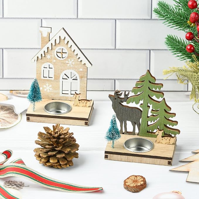 2 pcs 2 Styles Christmas Candlestick Theme Wooden Bases House Deer Tree Wood