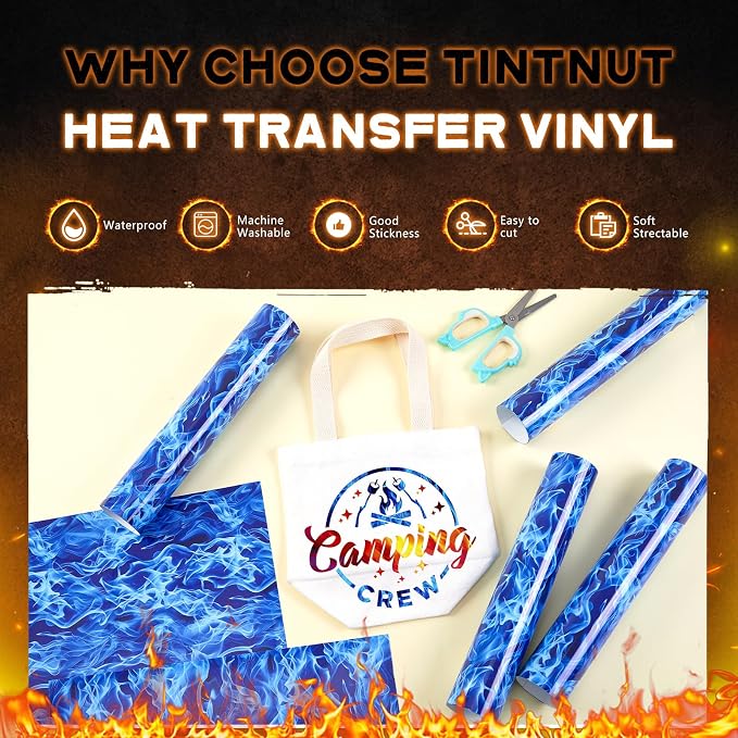 Tintnut Blue Flame Heat Transfer Vinyl, stretch washable, suitable