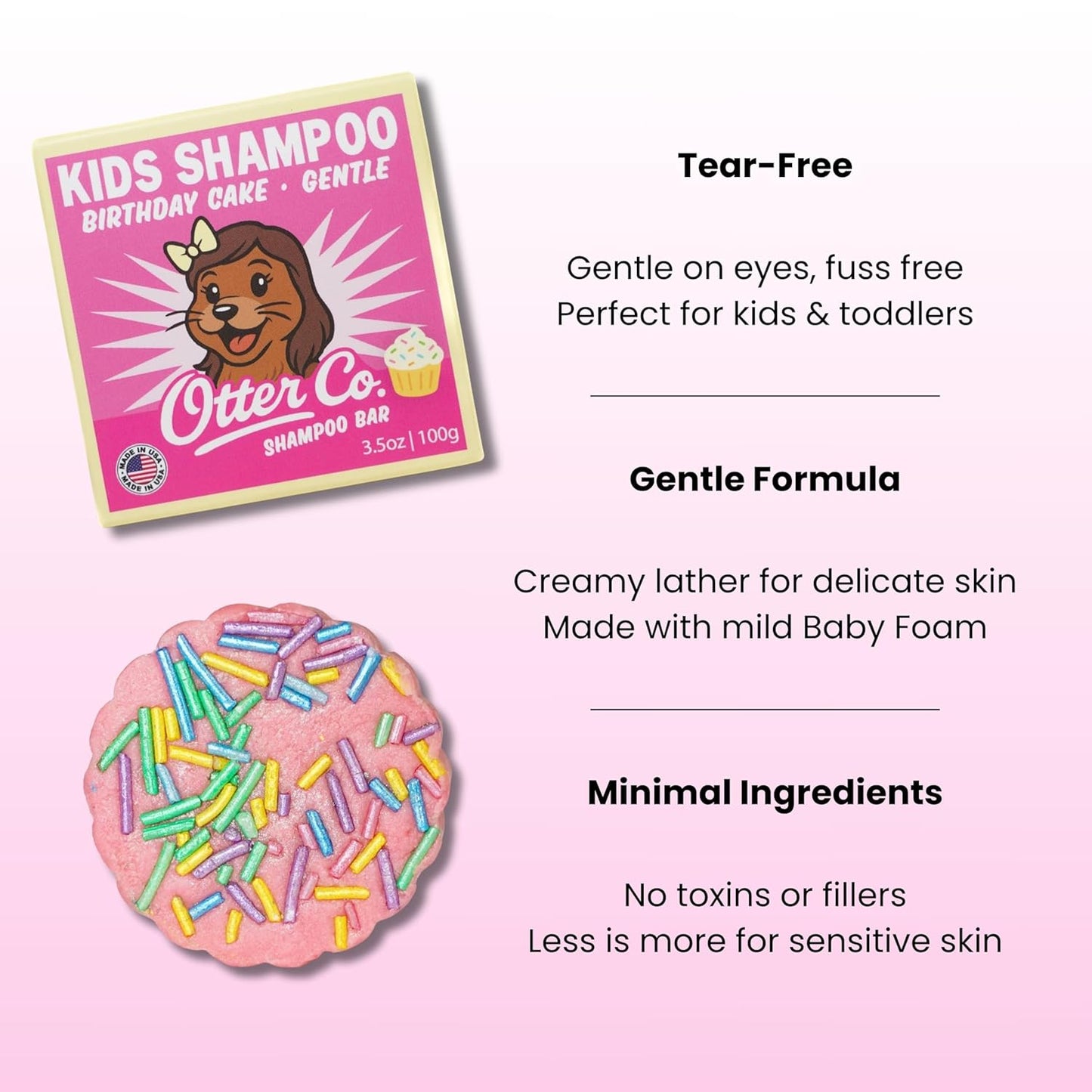 Otter co. Kids Gentle Birthday Cake Shampoo Bar – Tear Free Toddler Shampoo – Sulfate Free & Non Toxic – Made with Organic Ingredients, Vegan, Cruelty Free, Natural & Hydrating for All Hair, USA Made