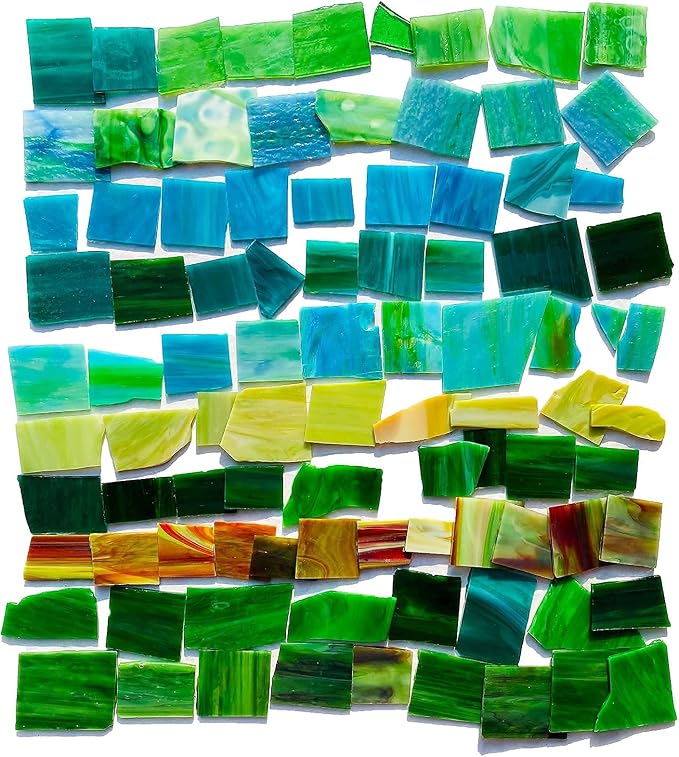 Broken Stained Glass Scraps Mixed Green Colors, Irregular Stained Glass Sheets