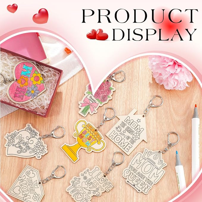 RattanView 24 Pcs Mom Craft Color Your Own Keychains Diy Craft Wooden Blank