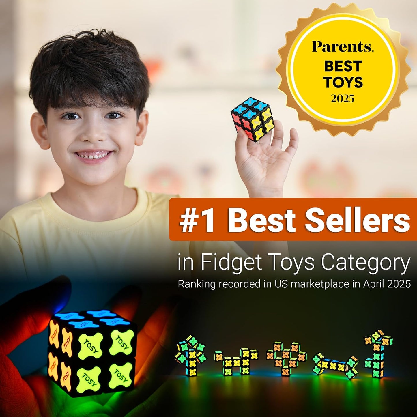 TOSY Magnet Cube 2x2 - 8 Blocks, 2in1 Toy: 2x2x2 Puzzle Cube and Customizable Infinity Cube, Glowing w/ UV Flashlight, Christmas Stocking Stuffers Gift for Kids/Grandkids, STEM Toy, 4-Pack