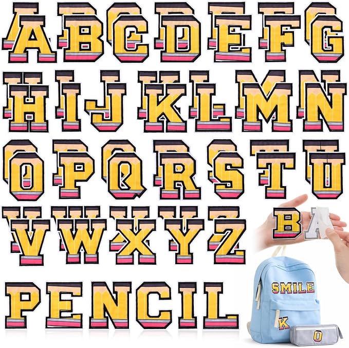 WILLBOND 52 Pcs Back to School Alphabet Patches Pencil Self Adhesive Iron on