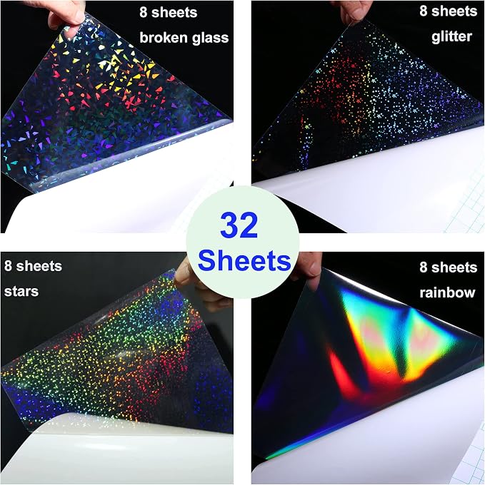 32 Sheets Holographic Sticker Paper Clear Vinyl Self Adhesive Waterproof