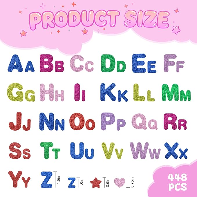 BEISHIDA 448 Pcs Glitter Foam Letter Stickers ，Letter 1.5inch 1inch Heart Stars