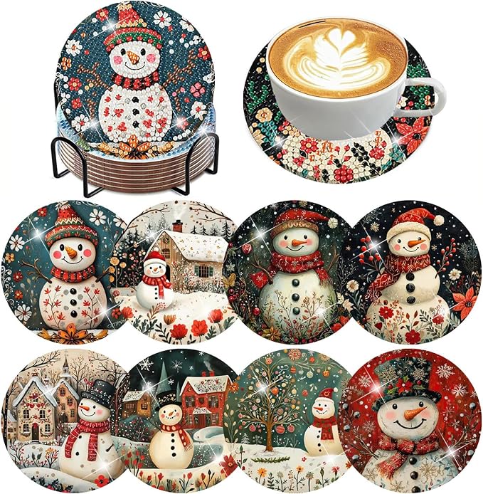 ijbnhd 8 PCS Diamond Art Coasters, Christmas Snowman Cork Wooden Pad | Diamond