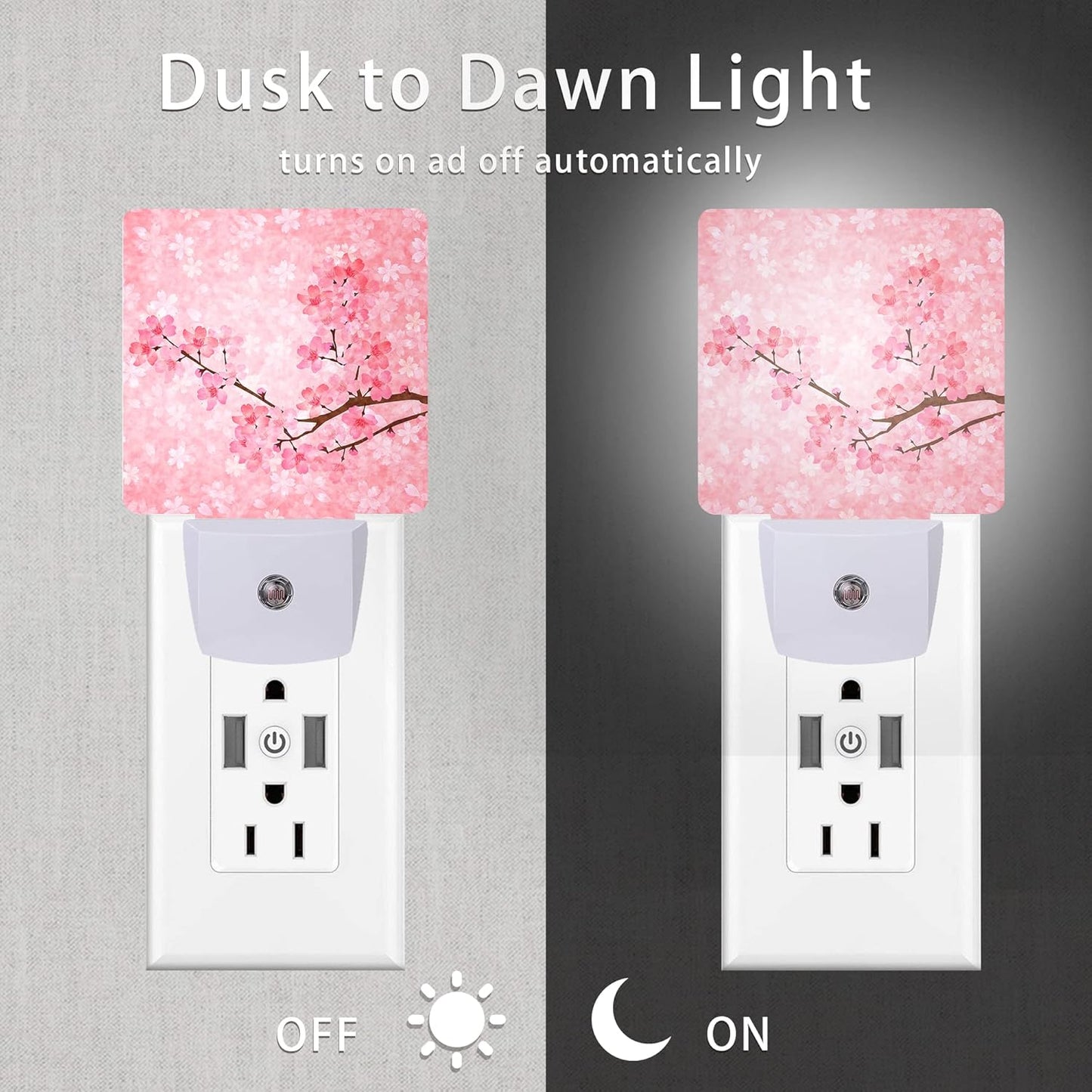 Cherry Blossoms Night Light,Spring Flower Night Lights Plug into Wall with Dusk to Dawn Light Sensors 0.5W Dim Night-Lights for Bedroom