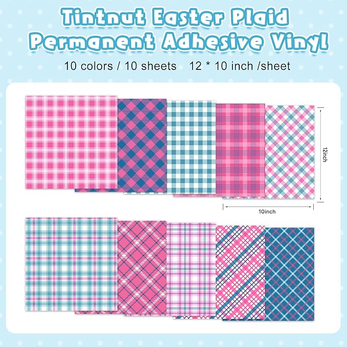 Tintnut Pink Blue Plaid Permanent Vinyl, waterproof, easy peel & stick
