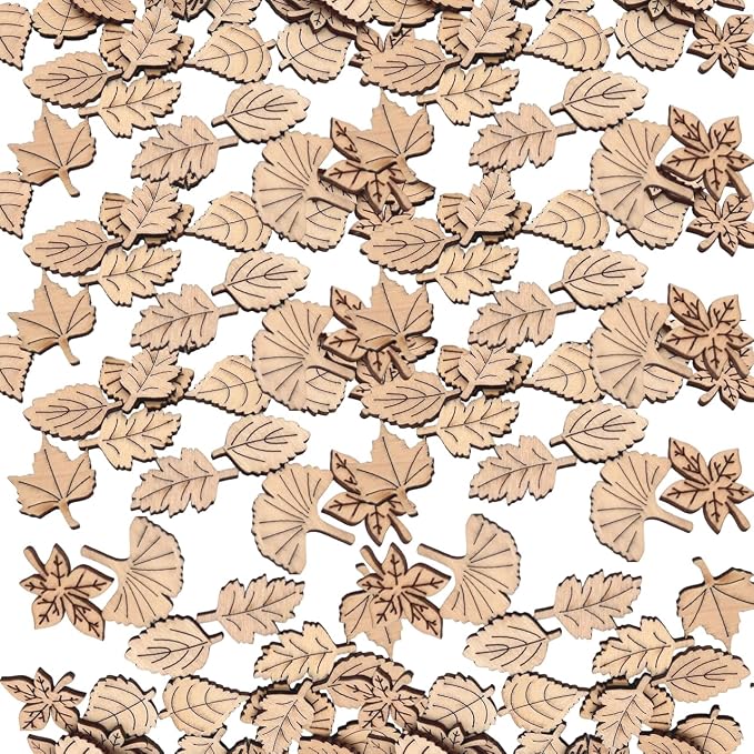 100 Pcs Unfinished Wooden Leaf Cutouts Assorted Leaf Shapes DIY Craft Supplies