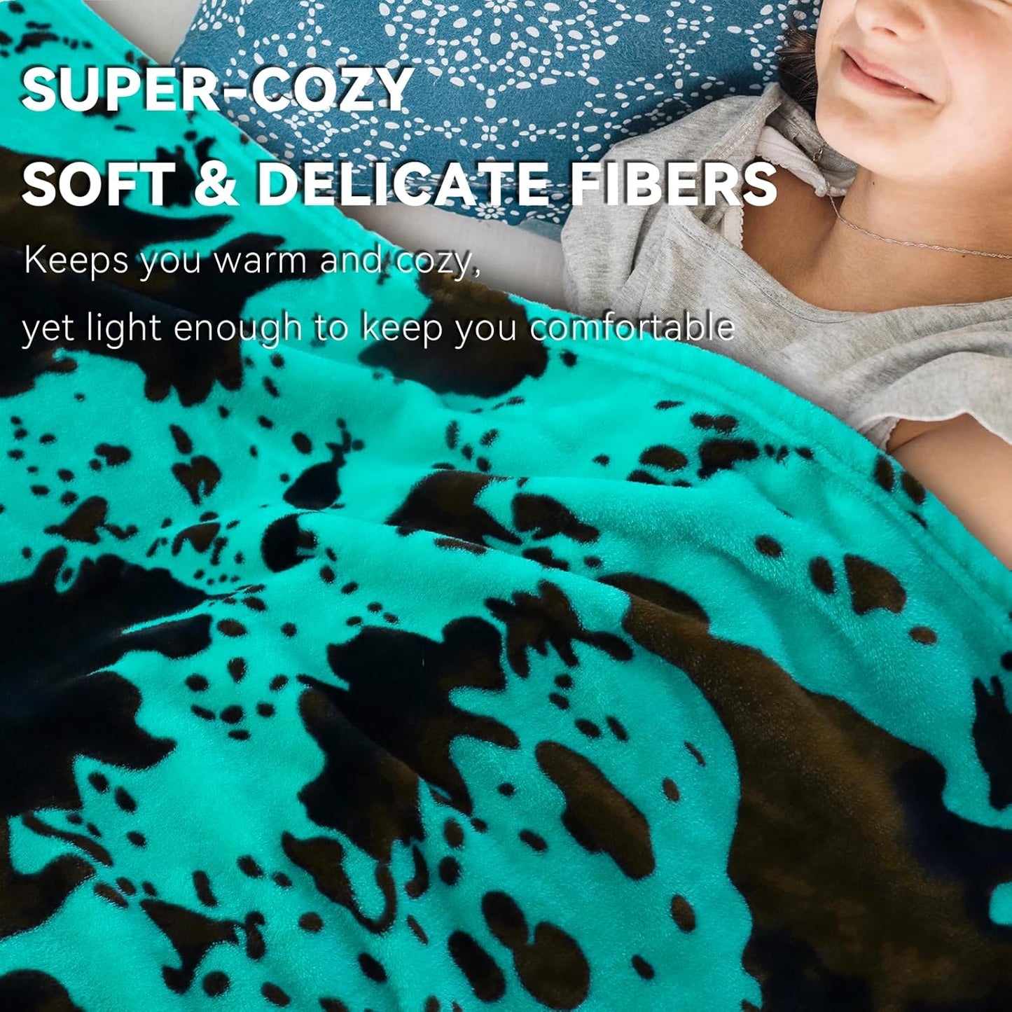 Teal Fleece Blanket Twin Size - Plush Soft Warm Turquoise Cow Print Throw for Bed, Couch, Sofa, Room Decor & Gifts