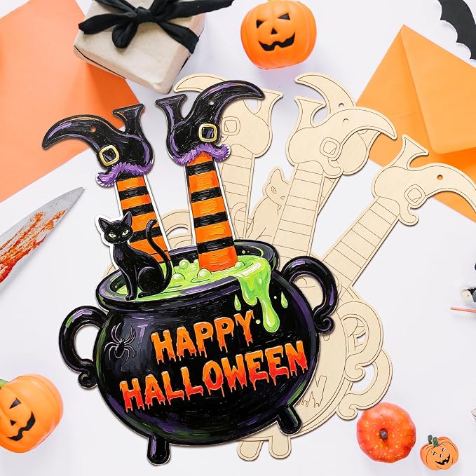 Paintable Halloween Ornaments 3 Sets, Wooden Happy Halloween Cauldron Ornaments