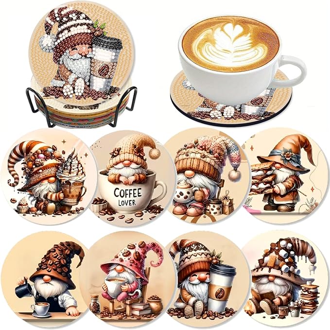 Clendo 8 Pcs Coffee Gnome Diamond Art Coasters Kit