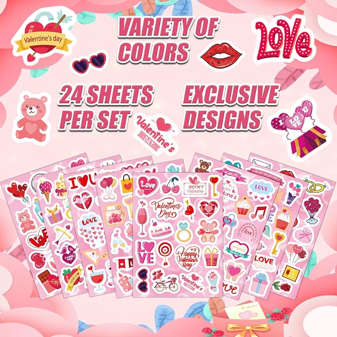 24 Sheets Valentine Stickers for Kids