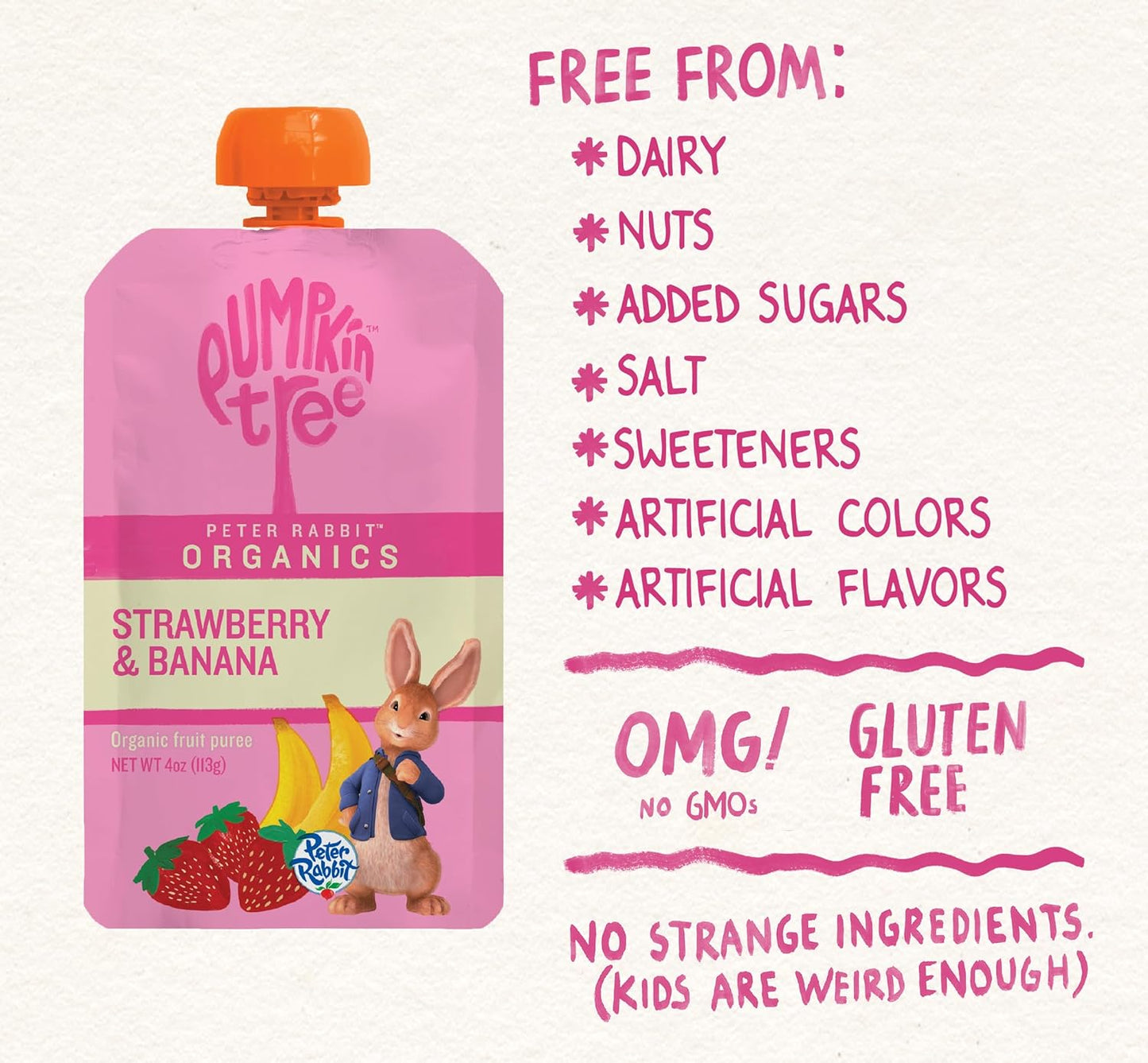 Pumpkin Tree Peter Rabbit Organics Strawberry and Banana Pure Fruit Snack, 4 Ounce (Pack of 36)