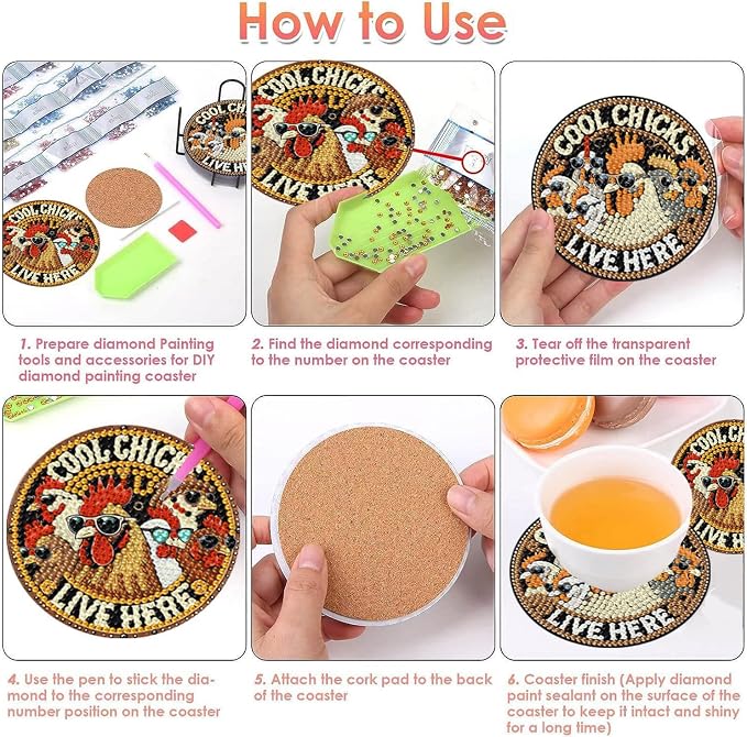 8 PCS Chicken Diamond Art Coasters Kits Diamond Painting Coaster | Diamond