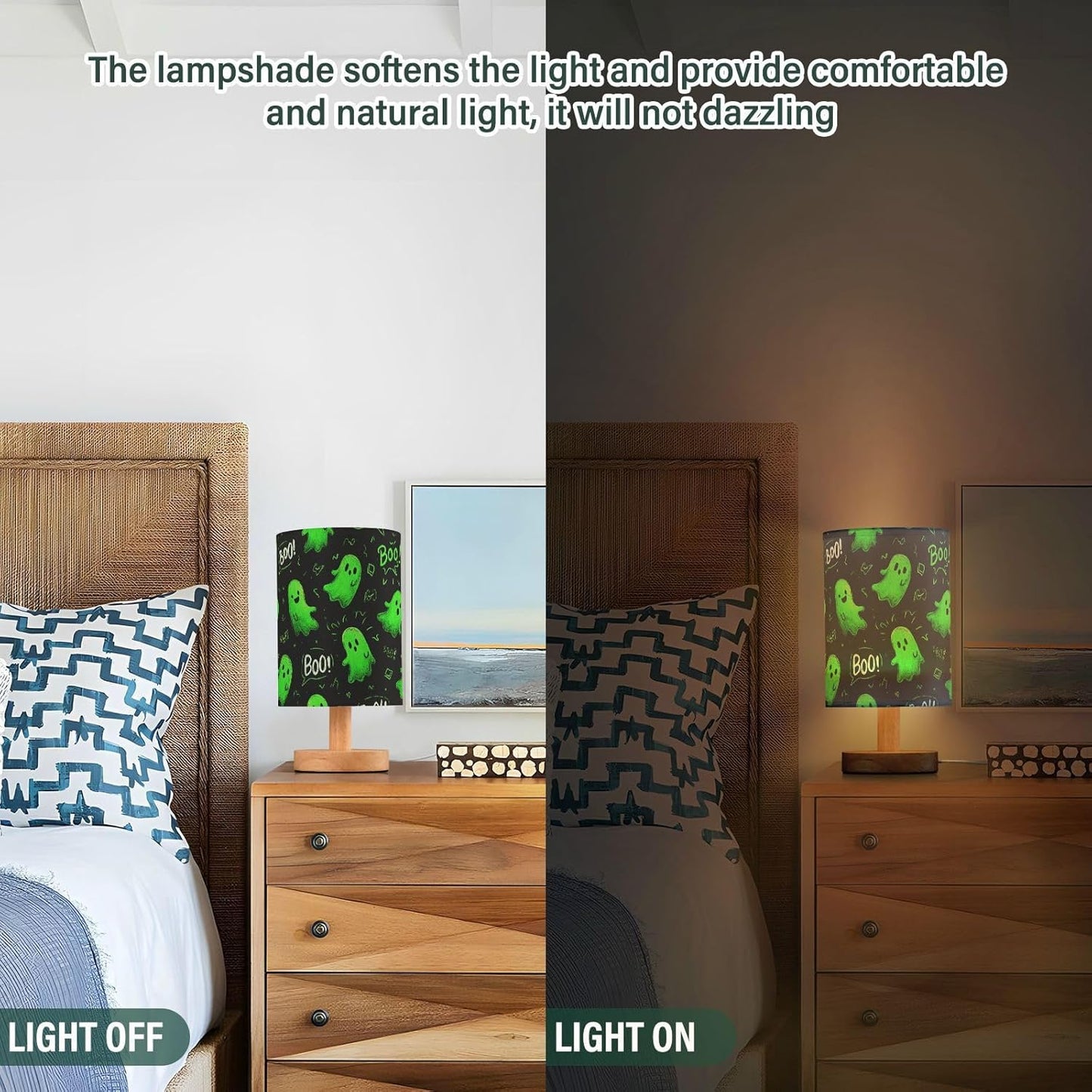 Halloween Green Ghost Table Lamp Bedroom Bedside Night Reading Desk Lamps Cylinder Nightstand Sleeping Light Lamp for Kids Living Room Office Decor