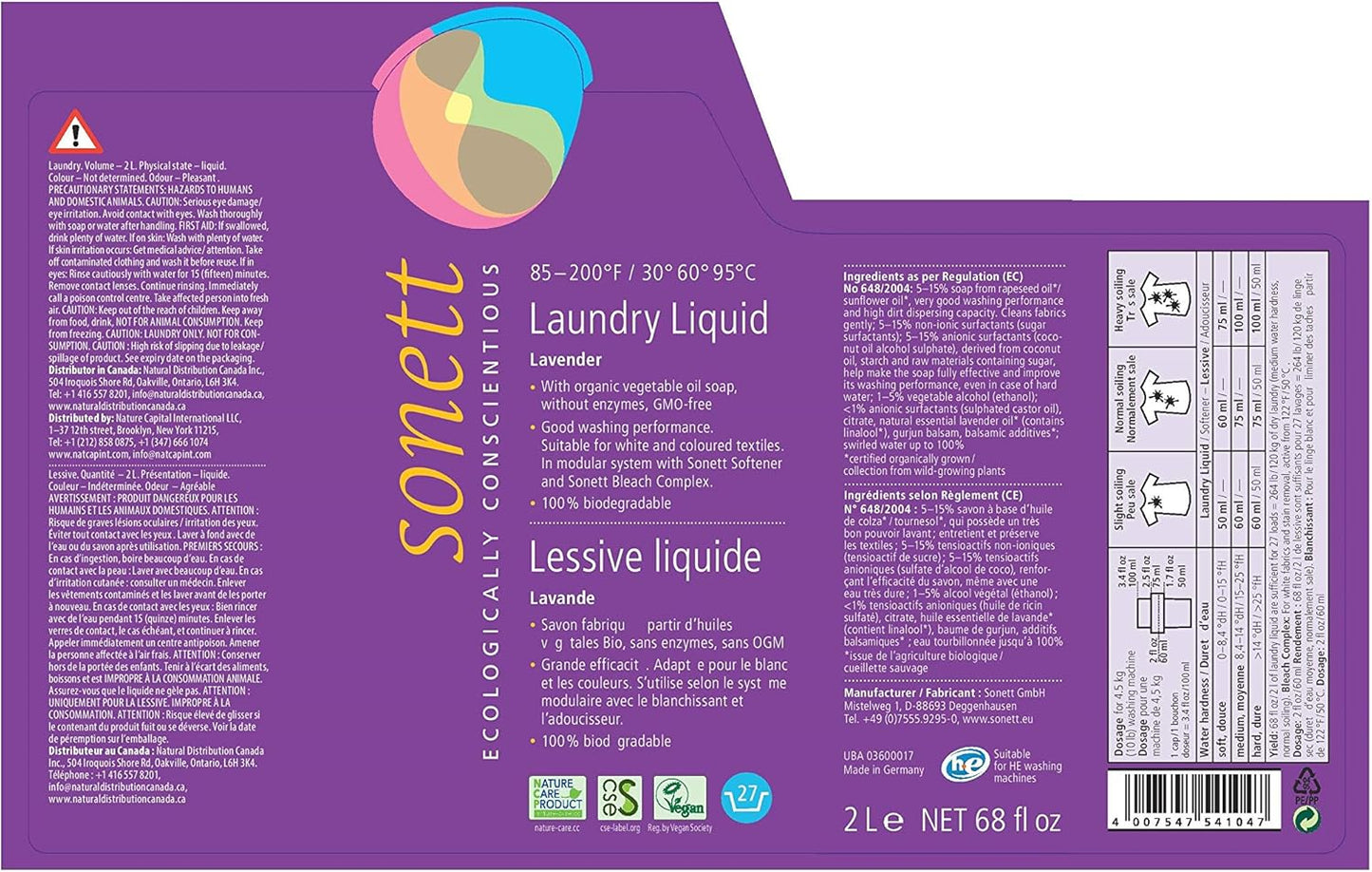 Sonett Organic Laundry Liquid Detergents Soap All Textiles (Lavender, 1 Count) Certified Organically Grown