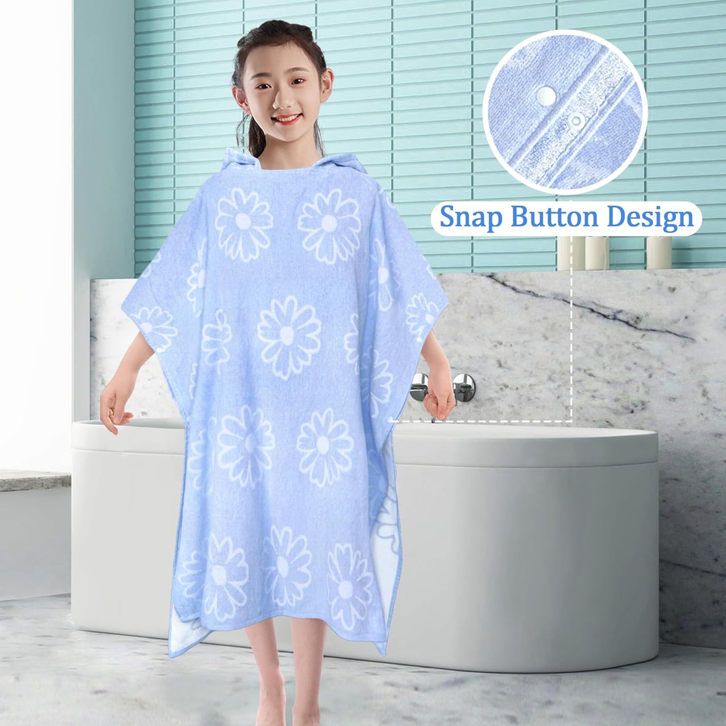 VOOVA & MOVAS Hooded Poncho Towel for Teens/Big Kids (8-14 Years) | Soft Absorbent 100% Cotton Towel Robe | Versatile Beach, Pool, Swim & Bath Cover-Up | Jacquard Blue Daisy