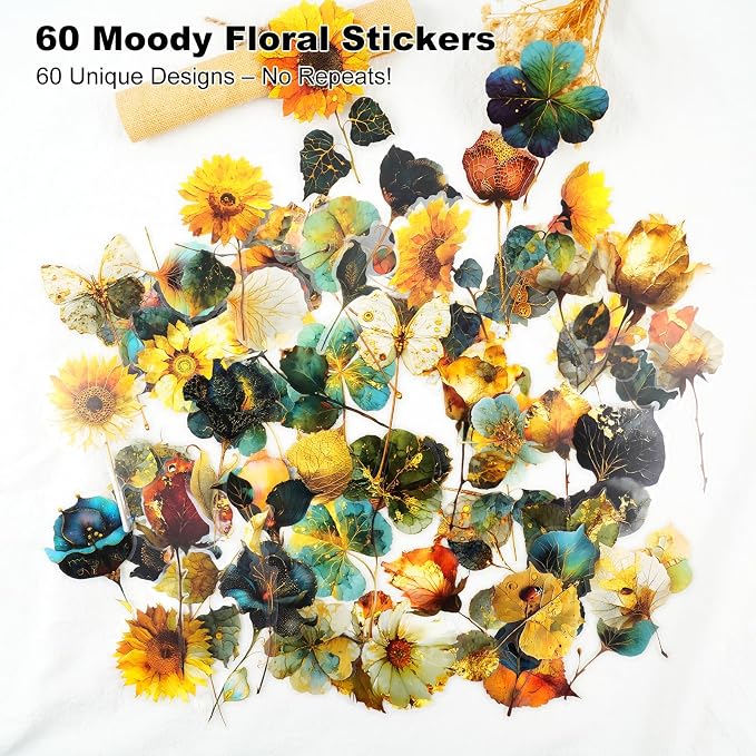 60PCS Botanical PET Stickers Set – Waterproof Flower and Butterfly Designs