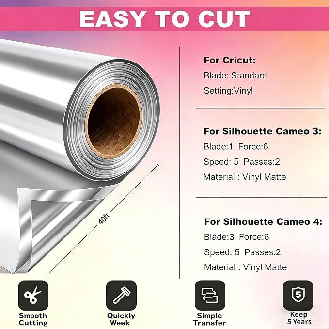 Sliver Permanent Vinyl for Cricut Cutting Machine, Waterproof, Durable Chrome