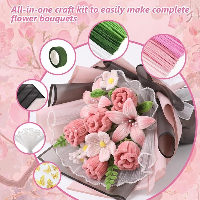 Cwczhi 600 PCS Pipe Cleaners Craft, 9 Colors Pipe Cleaner Bulk Flower Kit |