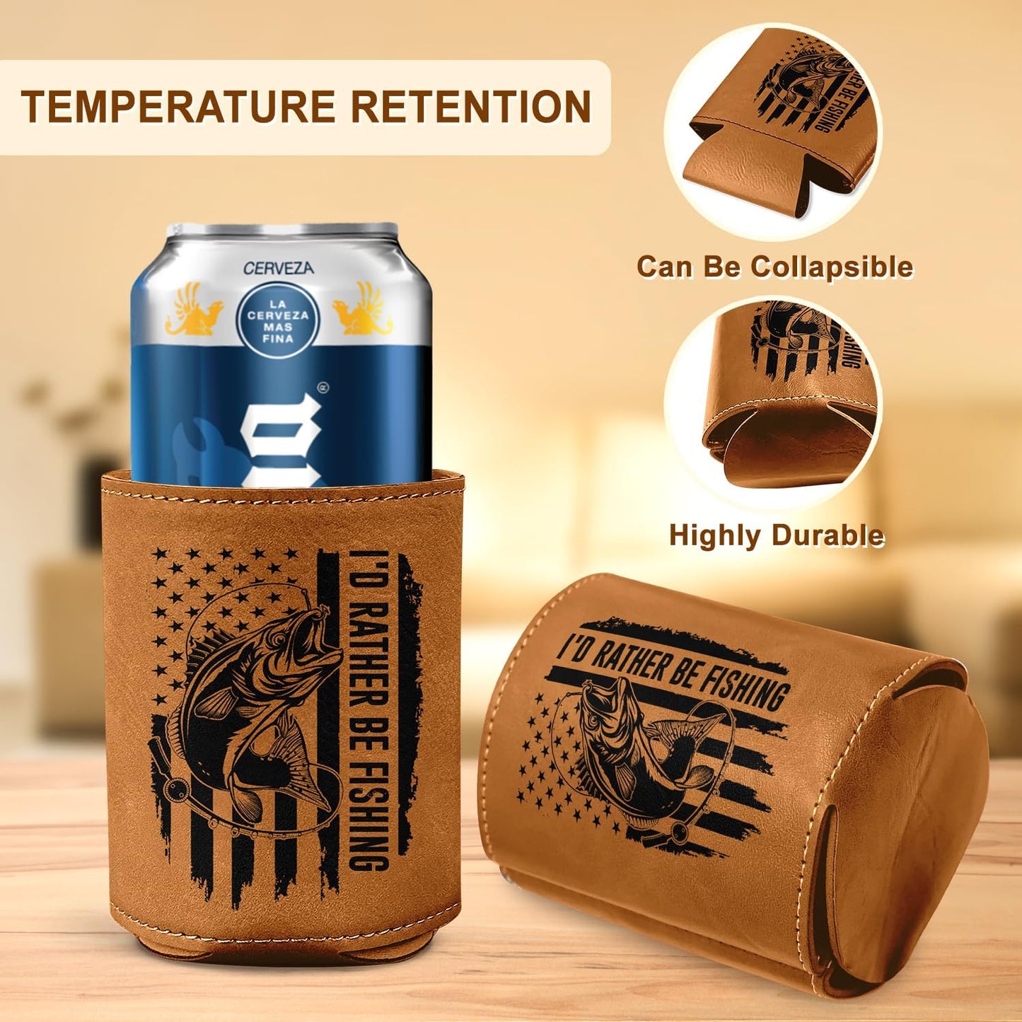 Fishing Gifts for Men – Leather Beer Can Cooler – Perfect Christmas, Birthday Gift for Fisherman – Fishing Present for Dad, Husband, or Friend – Durable Collapsible Leather Can Holder